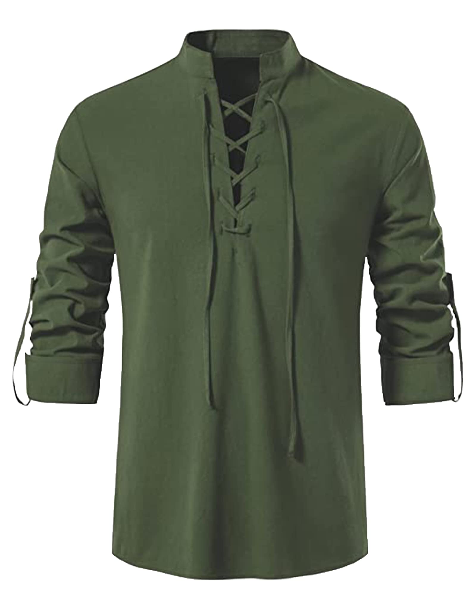 YAOHUOLE Men's Pirate Shirt Viking Steampunk Retro Medieval Gothic Victorian Classic Halloween Coseplay Costume Army Green 3XL