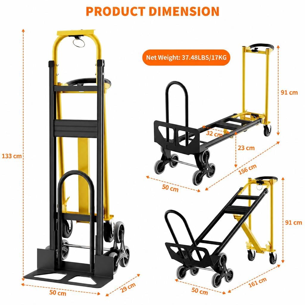 3-in-1 Alu-Sackkarre, 350 kg Tragkraft, Treppensteiger mit Rädern, umrüstbar als Plattformwagen – Gelb/Schwarz, Treppenmodell inkl. 2 Spanngurte