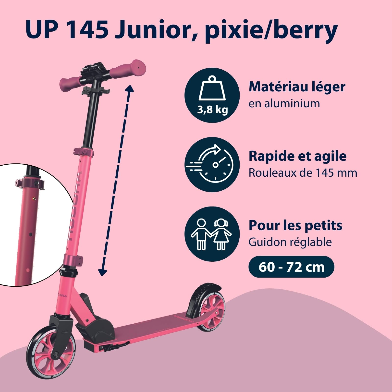 HUDORA Scooter Up 145 Junior - Trottinette Haute qualité & sûre pour Enfants à partir de 3 Ans - Pliable avec des Roues de 145 mm & réglable en Hauteur - pour Filles & garçons jusqu'à 60 kg