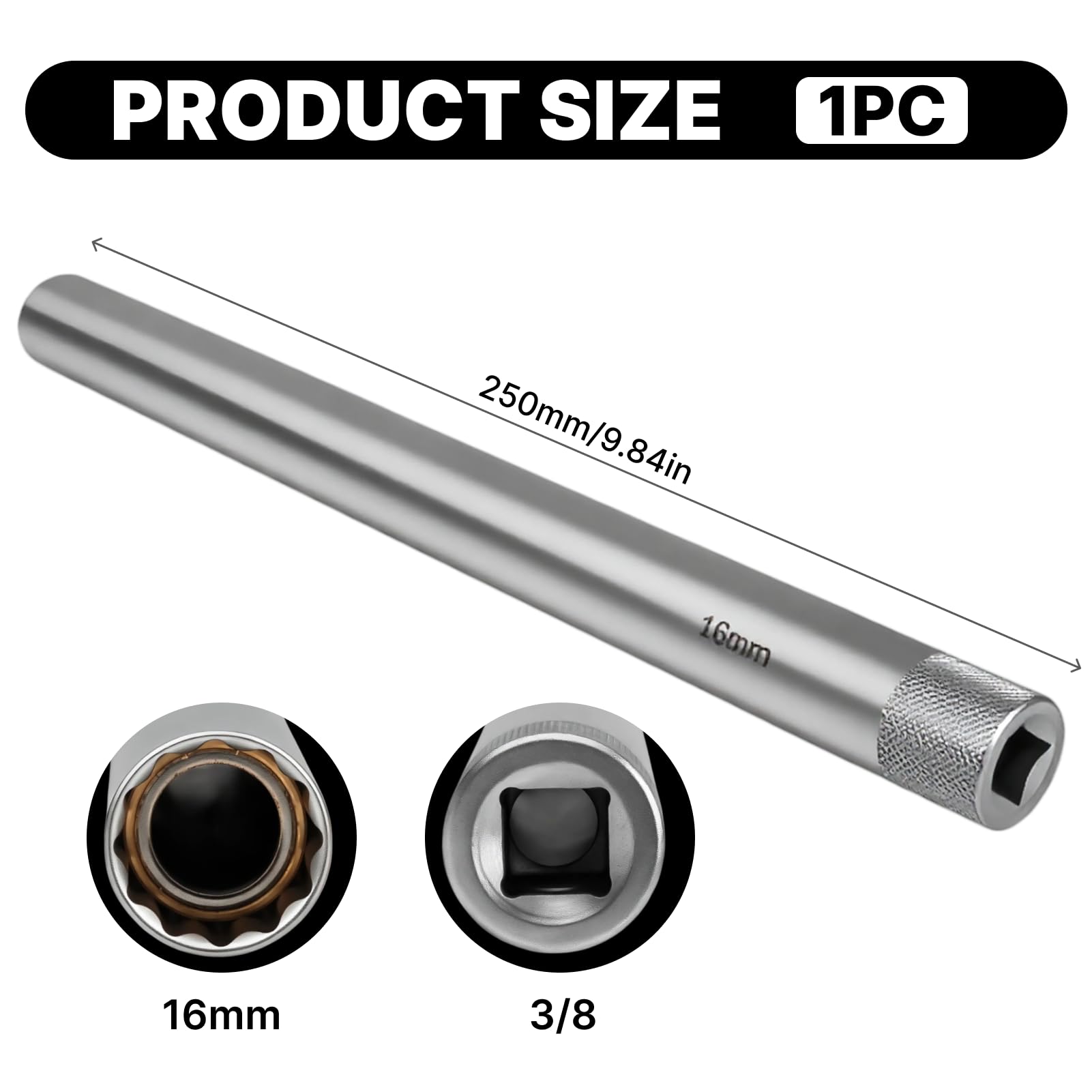 douille bougies 16mm 3/8" 12 pans longue 250mm, douille longue 16 mm 12 pans 3/8" auto, acier au chrome-vanadium (16mm)