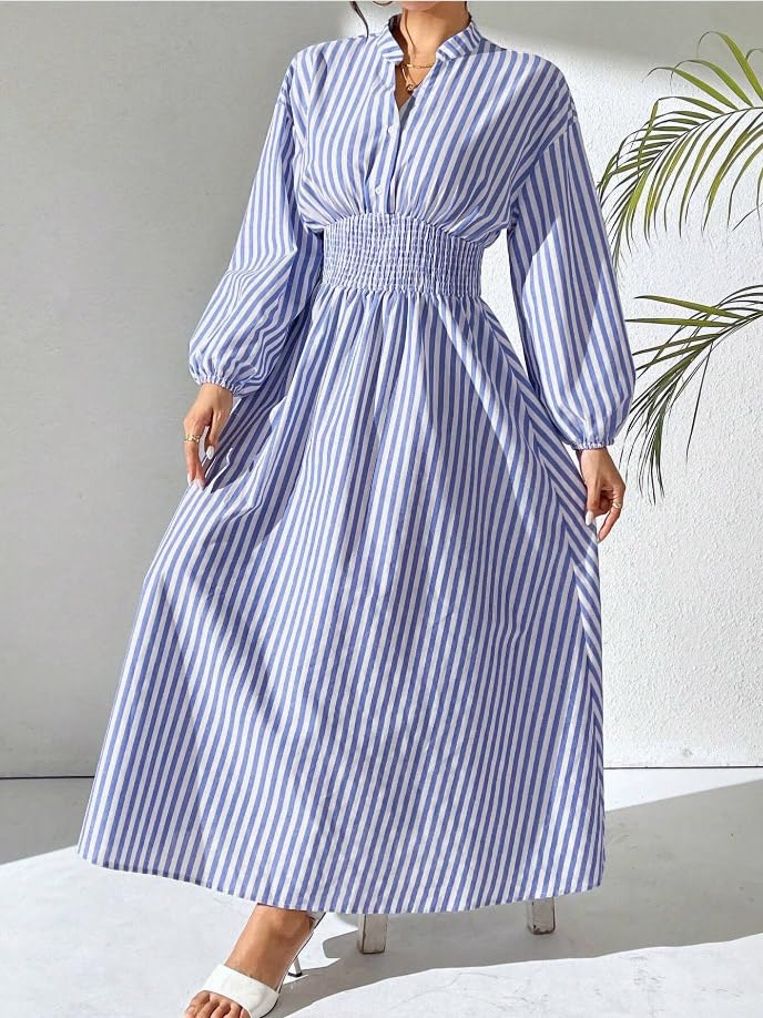 utcoco Women's Beach Boho Striped Smocked Waist Maxi Dress Long Sleeve A-Line Swing Long Dresses3
