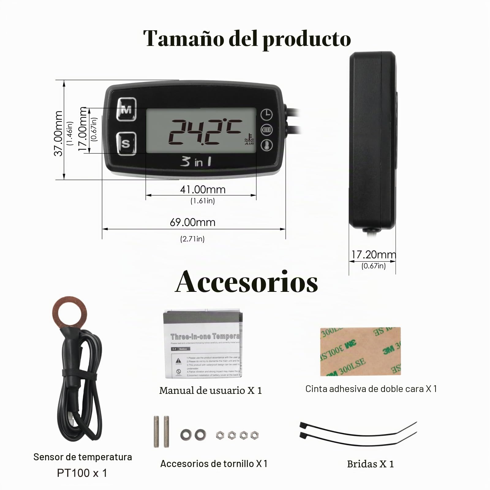 Medidor de temperatura del motor, voltímetro, reloj de 24 horas con alerta de sobretemperatura, función de retroiluminación verde para cortacésped, sierras de cadena, motocicletas, motores