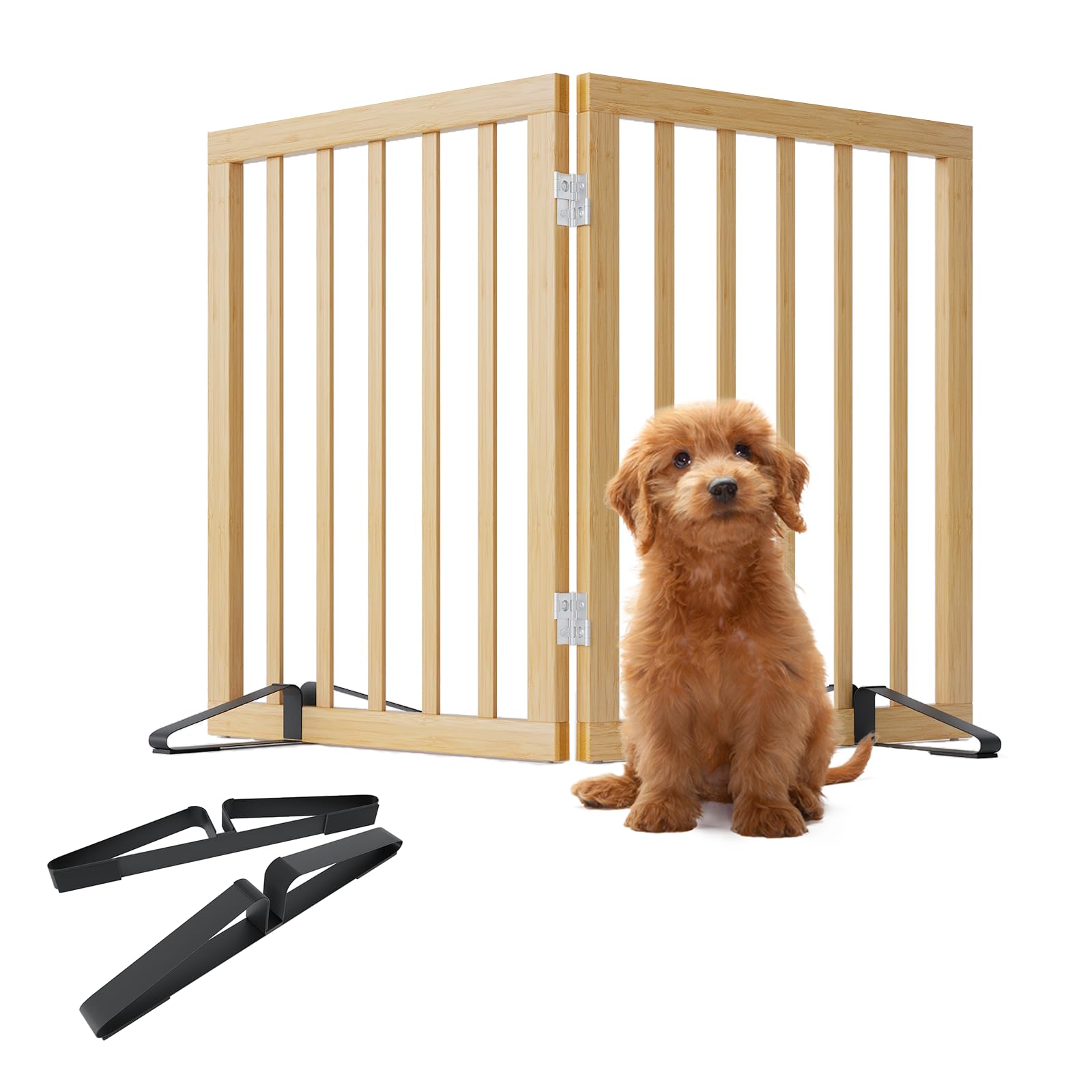 Freestanding Pet Gate Foldable Dog Gate,Walnut Bamboo Dog Gates for Stairs Doorways House Indoor (2 Support Feet Included) — view 12