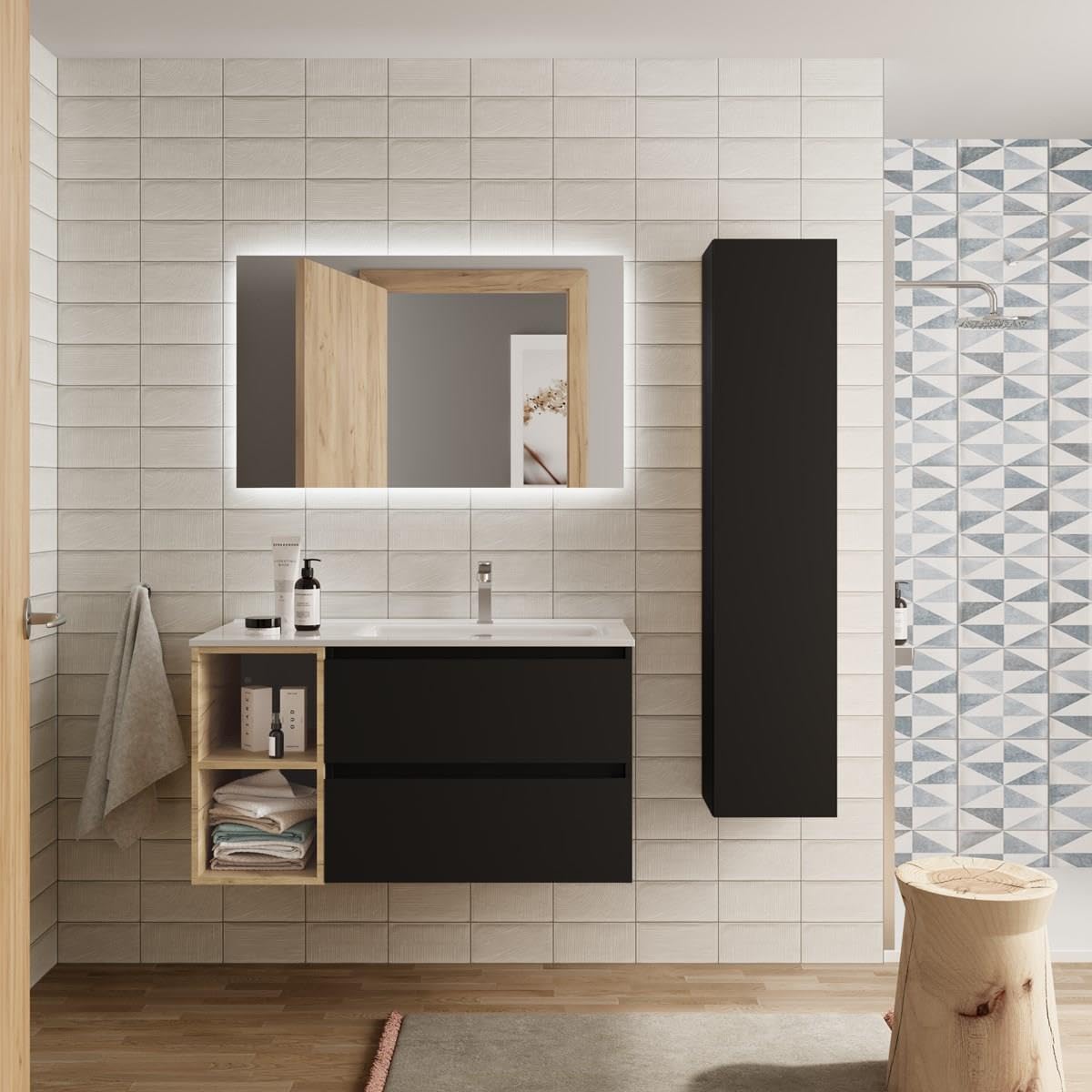 Salgar Mueble de Baño Bequia Plus 100 cm 2 cajones Negro Mate y Coqueta Izquierda 2 Huecos Roble con Lavabo Integrado
