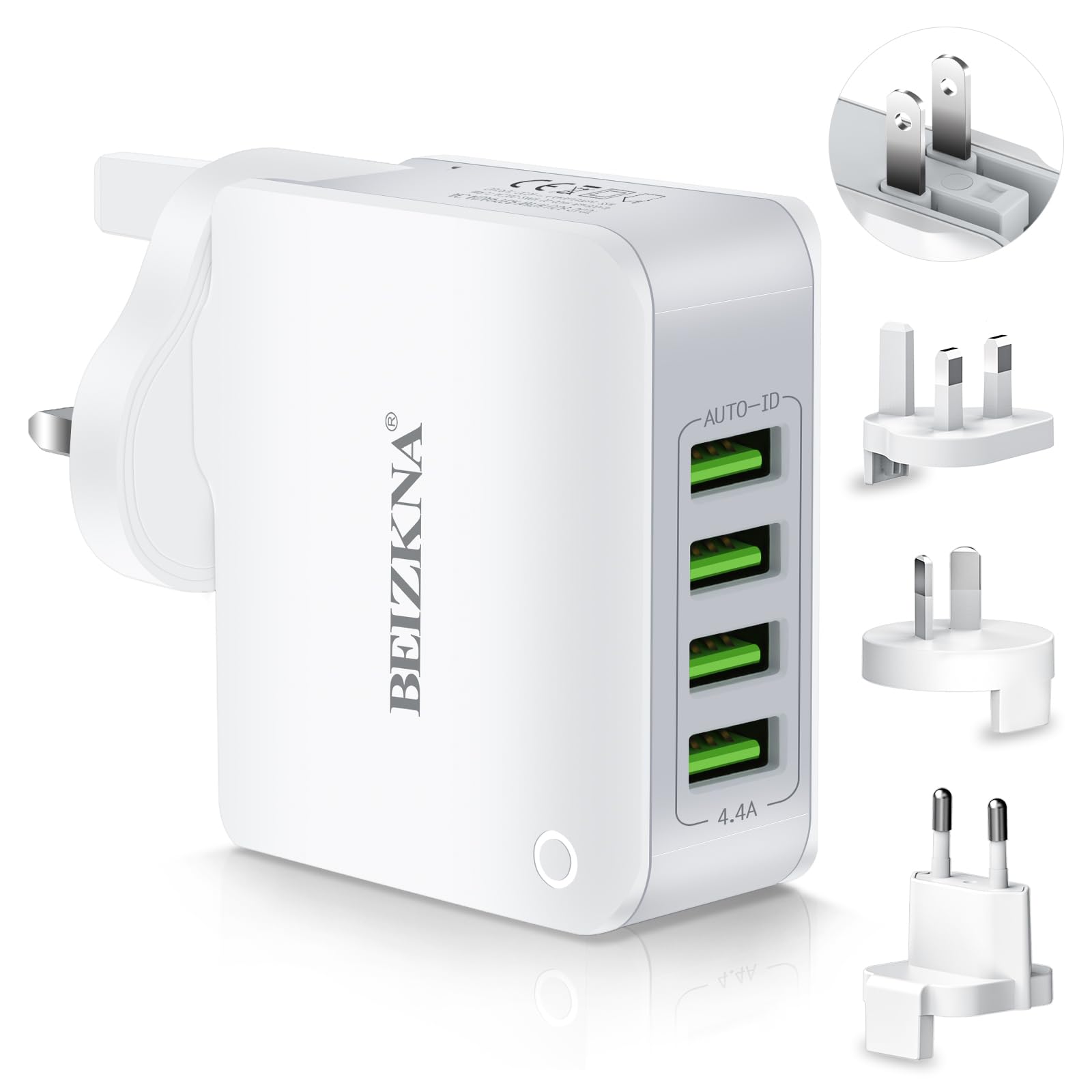 Travel Adapter 4 USB Universal Charger Plug Adaptor 22W 4.4A Multi USB Wall Plug with UK EU USA AUS Japan Plug Worldwide Universal Power Adapter for iPhone, iPad, Android, Tablet