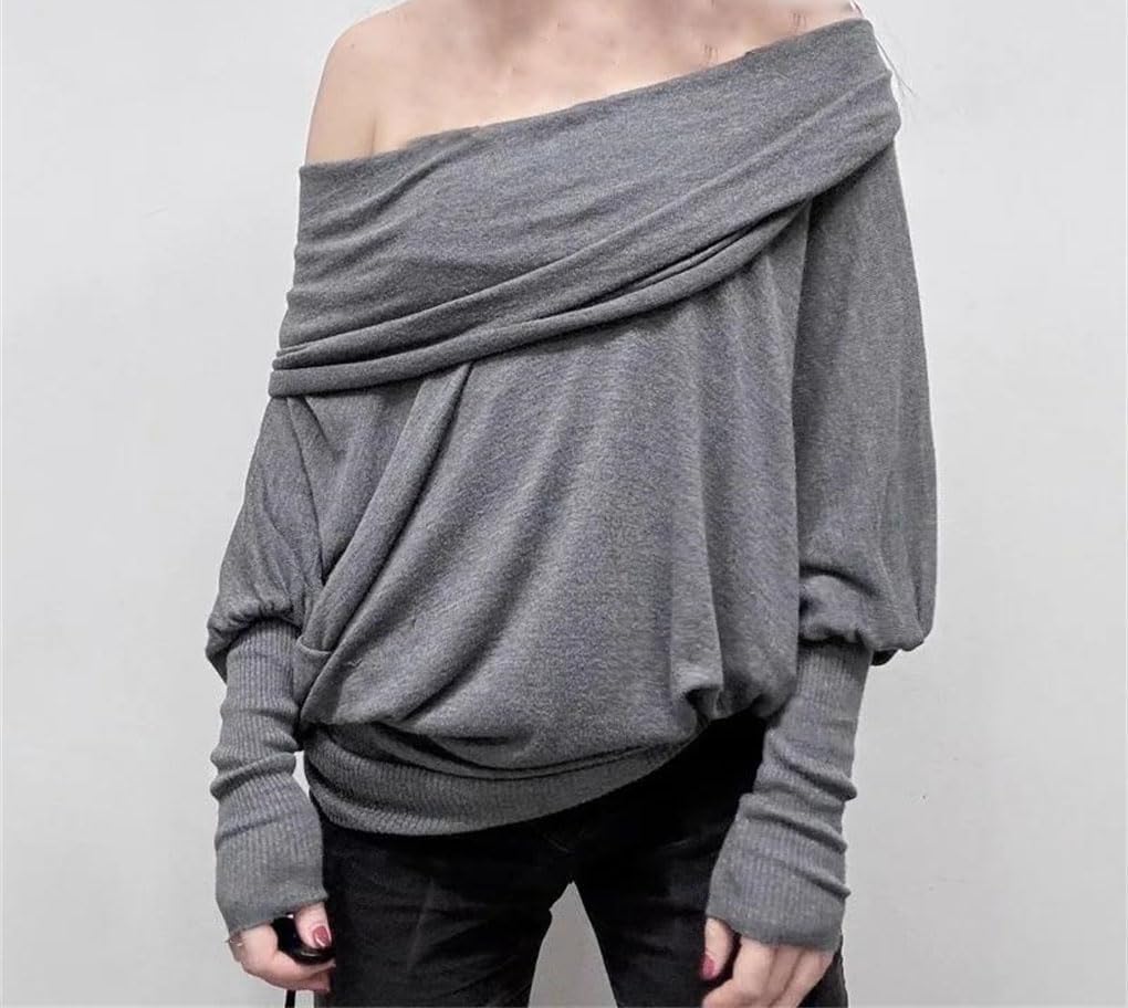Women's Cowl Neck One-Shoulder for Woman T Shirt Clothes Gray Sleeve Loose Soft and Comfortable T Shirts
