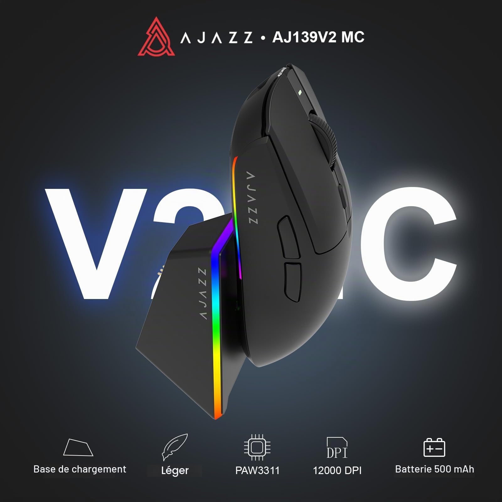 AJAZZ AJ139 V2 MC Wireless Gaming Mouse, PAW3311 Sensor, 24K DPI, 2.4G/USB-C/BT, 500mAh Battery, Ultra-Light 66g, RGB Magnetic Charging Base, 80 Million Clicks Life, Compatible with PC and Mac, Black