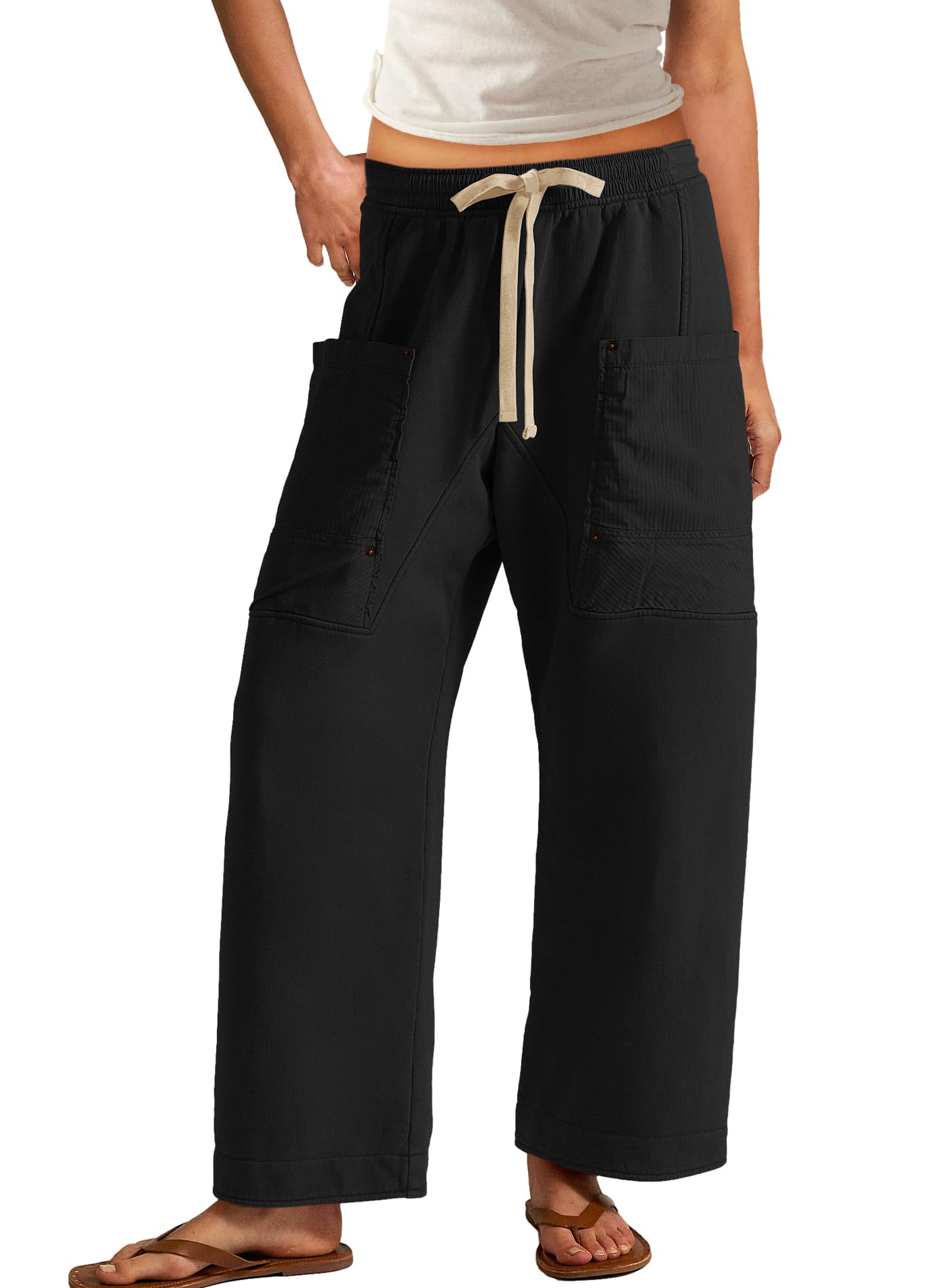 Photo 1 of Panadila Women Wide Leg Pants Drawstring Barrel Sweatpants Baggy Cargo Pants Lounge Trousers with Pockets (Black,S)
