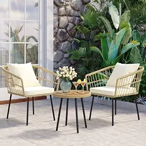 DRX Patio Furniture Set, 3 Pieces Porch Backyard Garden Outdoor Furniture Rattan Chairs with Cushios and Table Wicker for Garden,Balcony.(Beige and White Color)