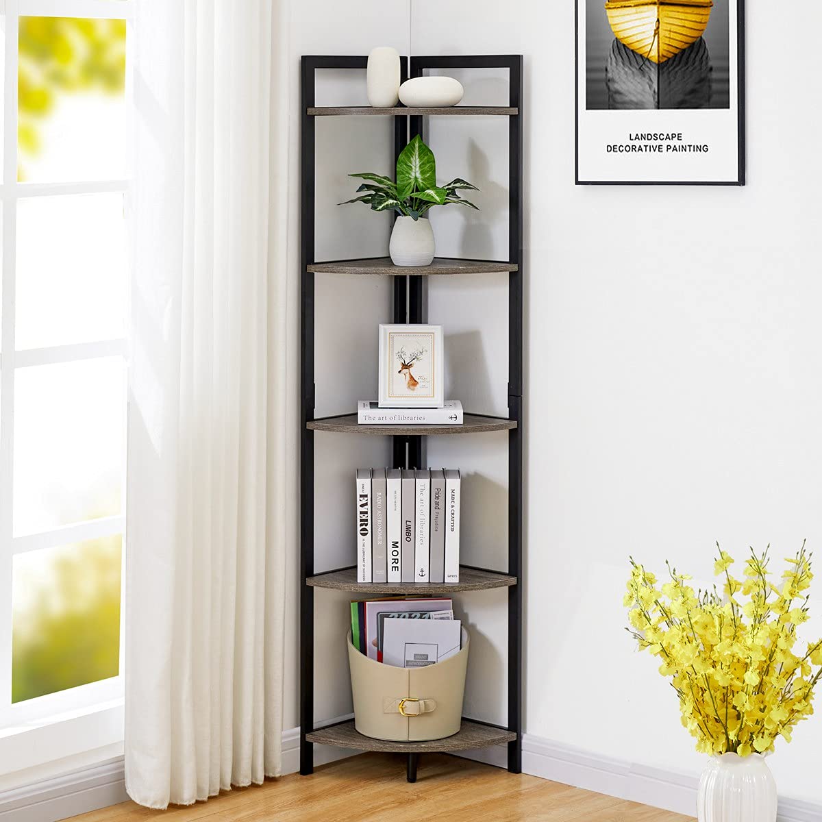 BON AUGURE Industrial Corner Shelf Stand, Rustic 5Tier Tall Corner