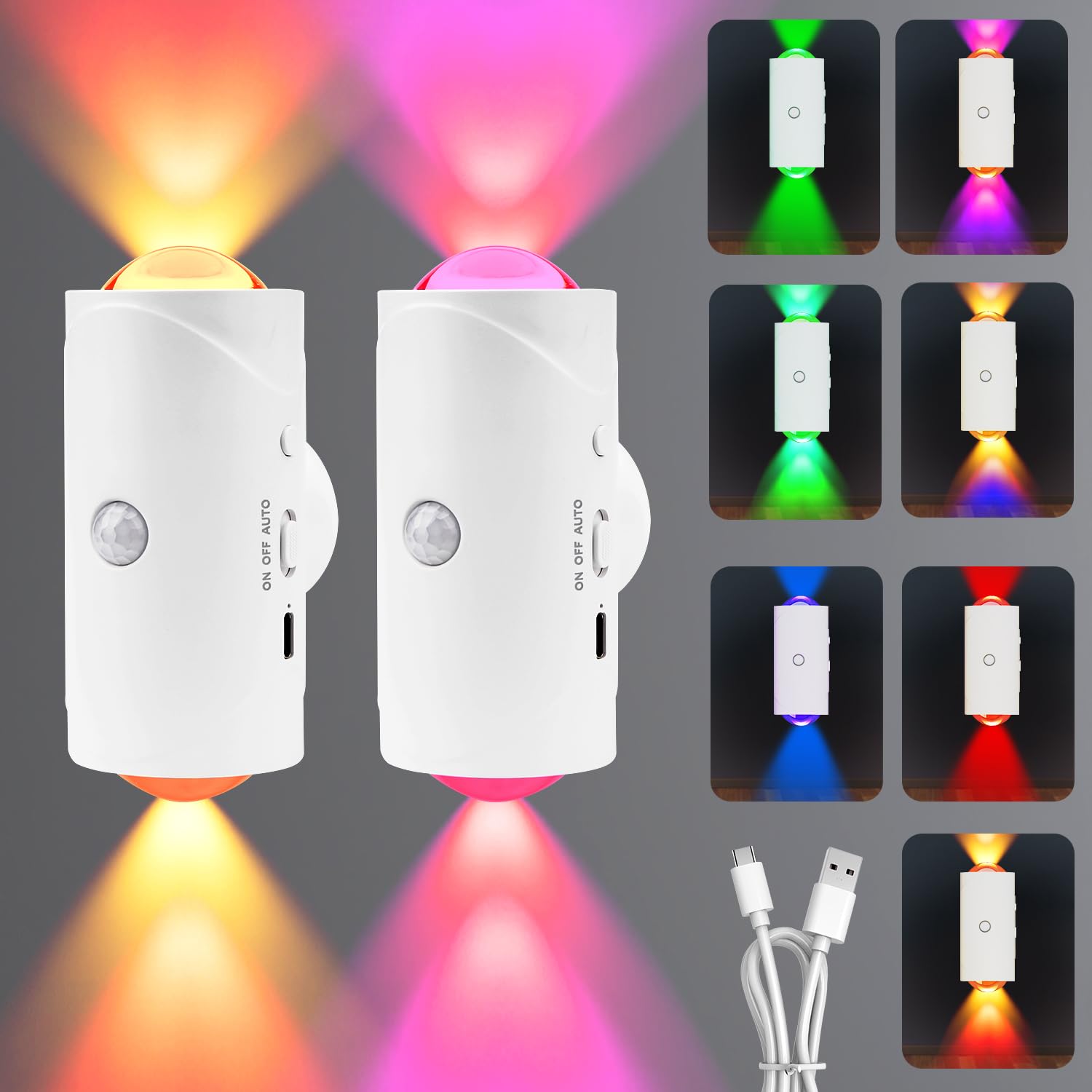 2PCS Intelligentes LED-Nachtlicht mit Bewegungssensor, Nachtlicht mit Bewegungsmelder, Lampe mit Bewegungsmelder Innen, RGB Farbverlauf AUTO/Dauer-EIN Dimmbar Lamp für Wohnzimmer Balkon Treppenhaus