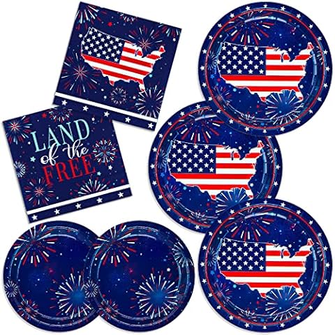 ECOHOLA Independence Day American Party Supplies, Patriotic Fireworks Disposable Napkins and Paper Plates for Fourth of July Election Day Independence Day July 4th Decorations, Serve 50 Cover