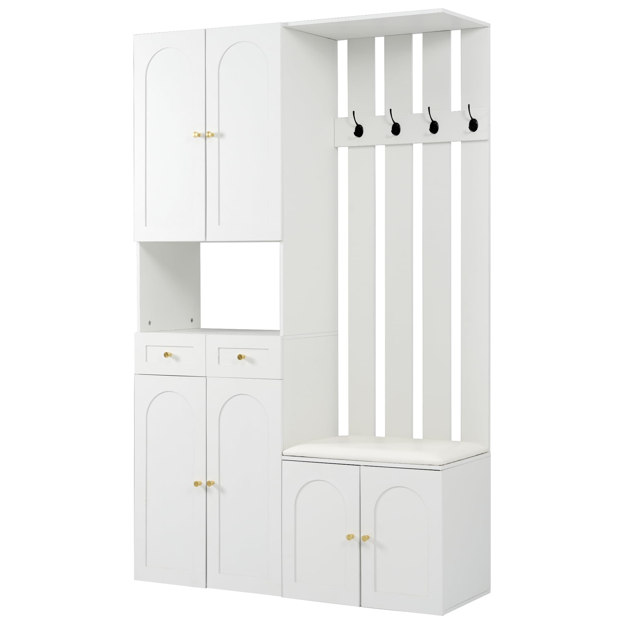 Juego de perchero, perchero de pared; juego con zapatero y zapatero, 4 ganchos, 6 puertas, 2 cajones, muebles de pasillo blanco (B110 × 180 × 37 cm) (blanco-2)