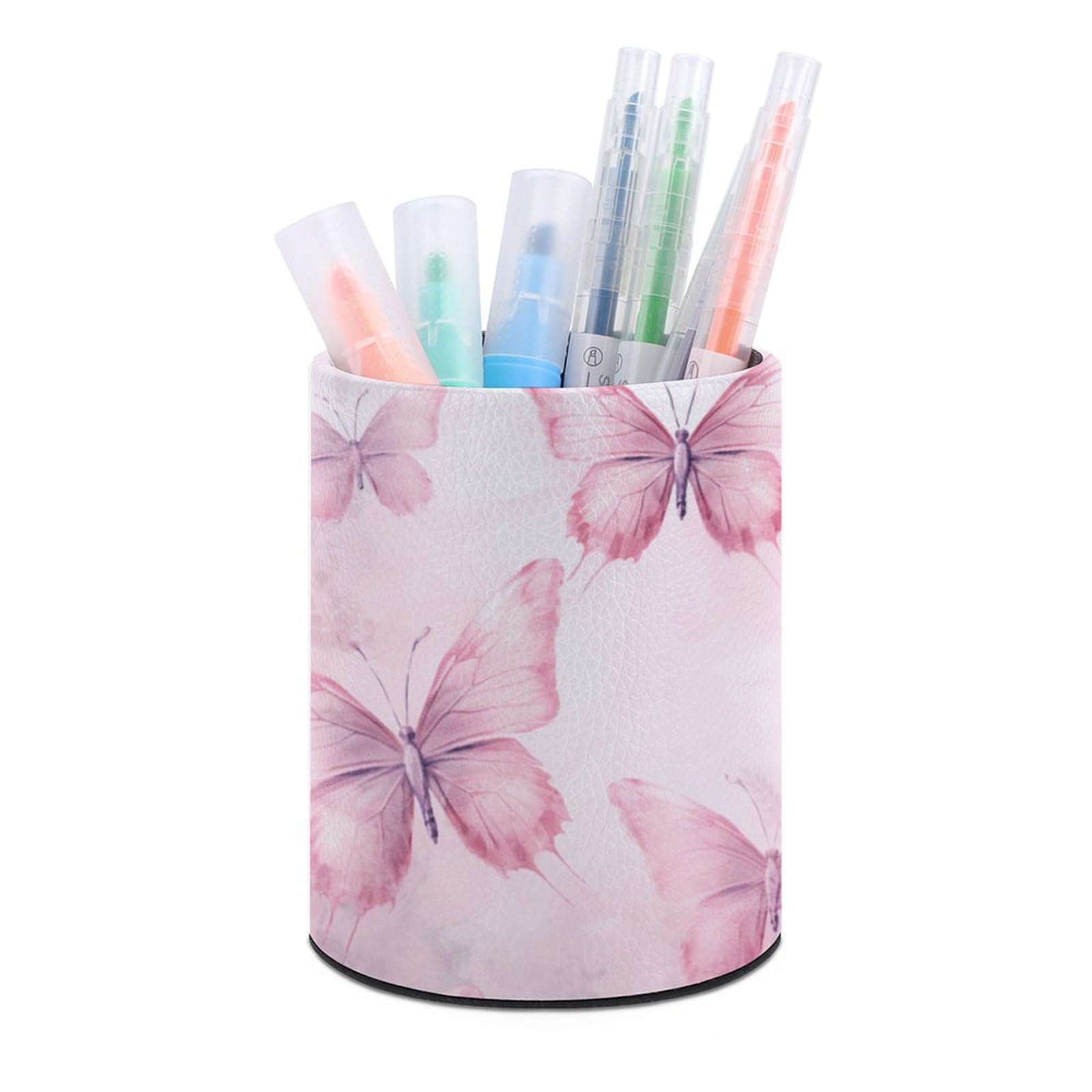 KLOPH PU Leather Pen Holder for Desk, Aesthetic Pencil Cup for Desktop, Makeup Brush Srotage for PenOrganizer Office Supplies, Peach Butterfly Pictures Pen Cup Pencil Caddy for Home Art Supply