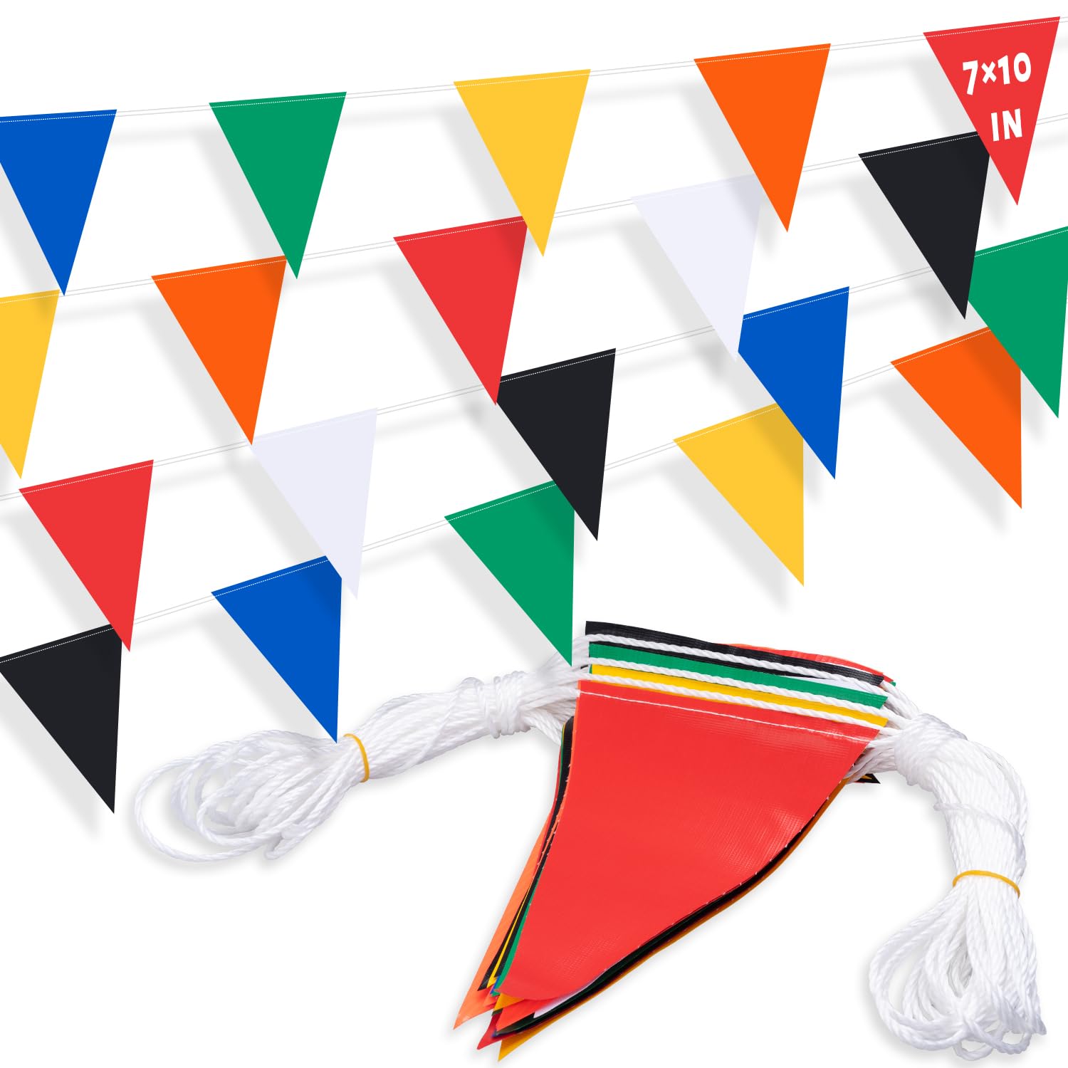 Photo 1 of 105ft Pennant Banner Flags, 7x10 Multicolor 45 Pcs High Visibility Safety Flagging on String, Triangle Pool Flags for Backstroke, Construction Events Party Decoration Parking Marking Outside