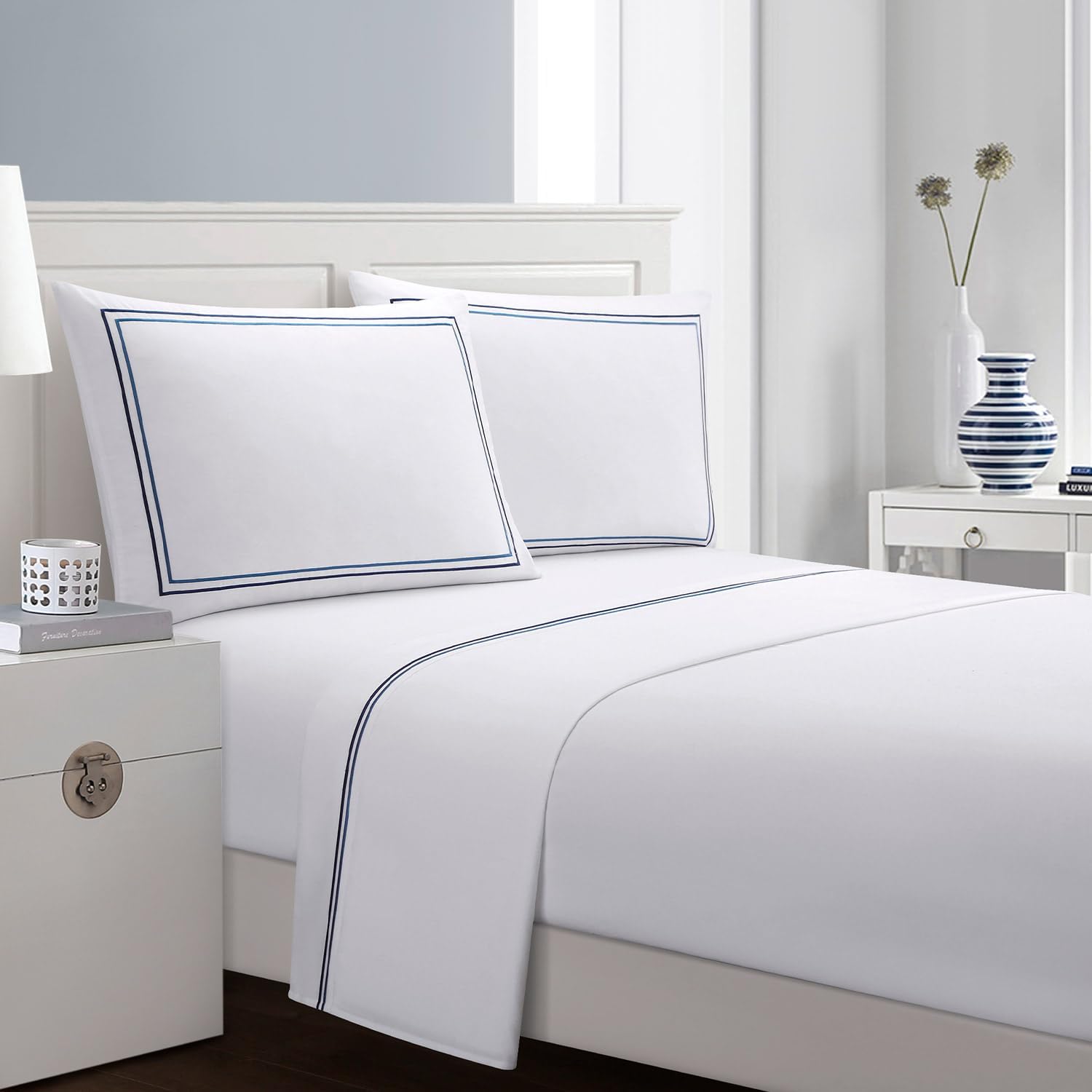 OSVINO Double Sheet Set 3/4Pcs Hotel Luxury Bed Sheet Blue Line Embroidery Ultra Soft Microfiber Flat Sheet with 14”(35cm) Deep Pocket Breathable Wrinkle Free Fitted Sheet Pillowcases Set