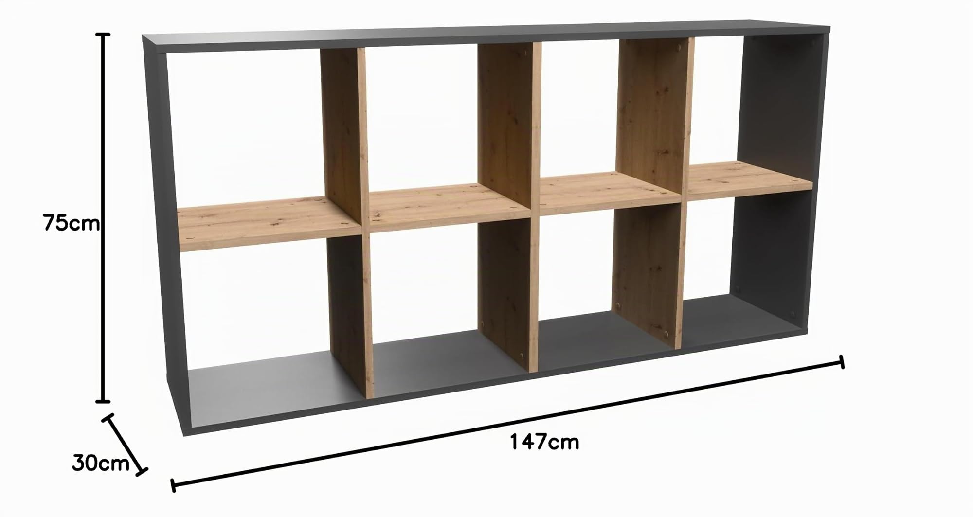 CDF Libreria a Cubi 8 Vani Scaffale a Giorno Orizzontale Mobile Divisorio Basso Soggiorno Studio Ufficio Organizzazione Casa Struttura Moderna Robusta 147 x 75 x 30 cm - Antracite/Rovere Artisan