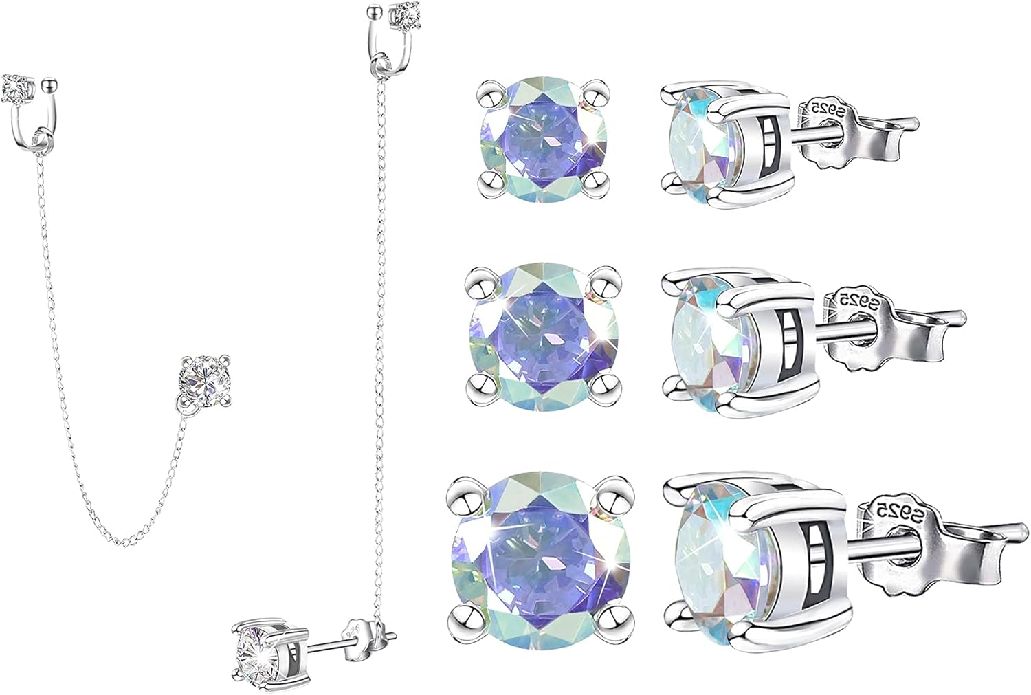 Sterling Silver Chain Earrings with Ear Cuffs,Hypoallergenic Colorful Cubic Zirconia Stud Earrings Set for Women
