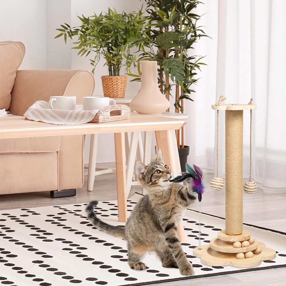 4 in 1 Tiragraffi per Gatti in Legno Albero Tiragraffi Gatto Colonna 50 x 25 cm Giocattolo Interattivo per Gatti 4 in 1 con Palline di Legno, Palla Sisal Pendente, Piume