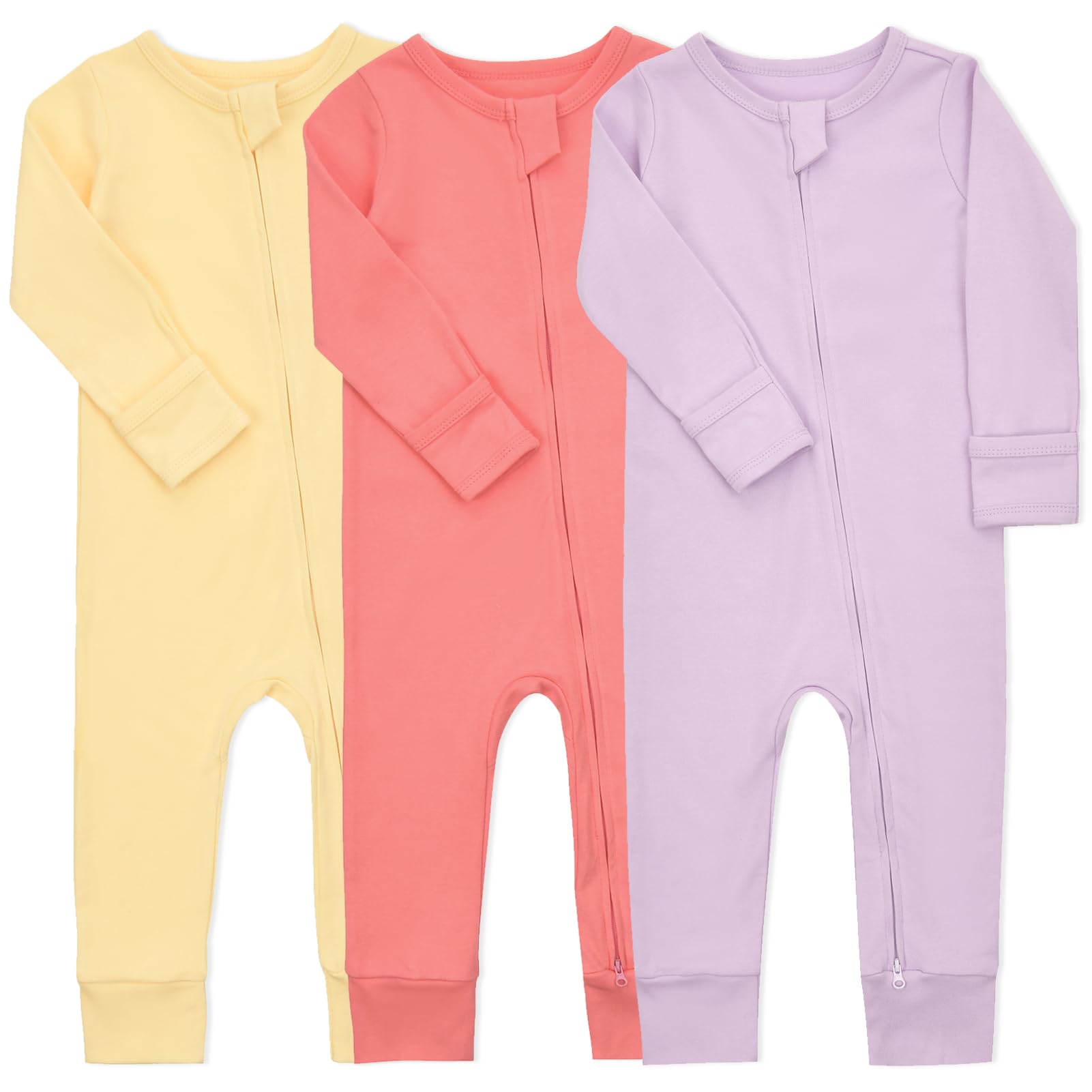 Aablexema Baby Cotton Fooltess Pajamas with Mitten, 3-pack Infant Romper Zip Up One Piece Jumpsuits Outfit