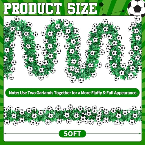 Image of 50Ft Soccer Tinsel Garlands, Green Glitter Tinsel Garland with 3D Soccer Cutouts, Metallic Holiday Hanging Streamers for Game Day Party Sports Bar Indoor Outdoor Party Decor