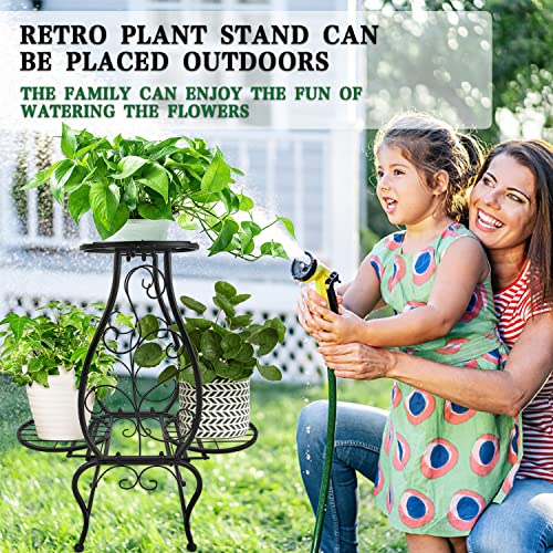 Xaxm Metal Plant Stand Indoor Outdoor - 2 Tier 3 Potted Flower Pot Holder Potted Display Rack - Bearing 50Kg Wrought Iron Planter Organizer Shelf For Corner Balcony Living Room Bedroom Office, Black #TOP6