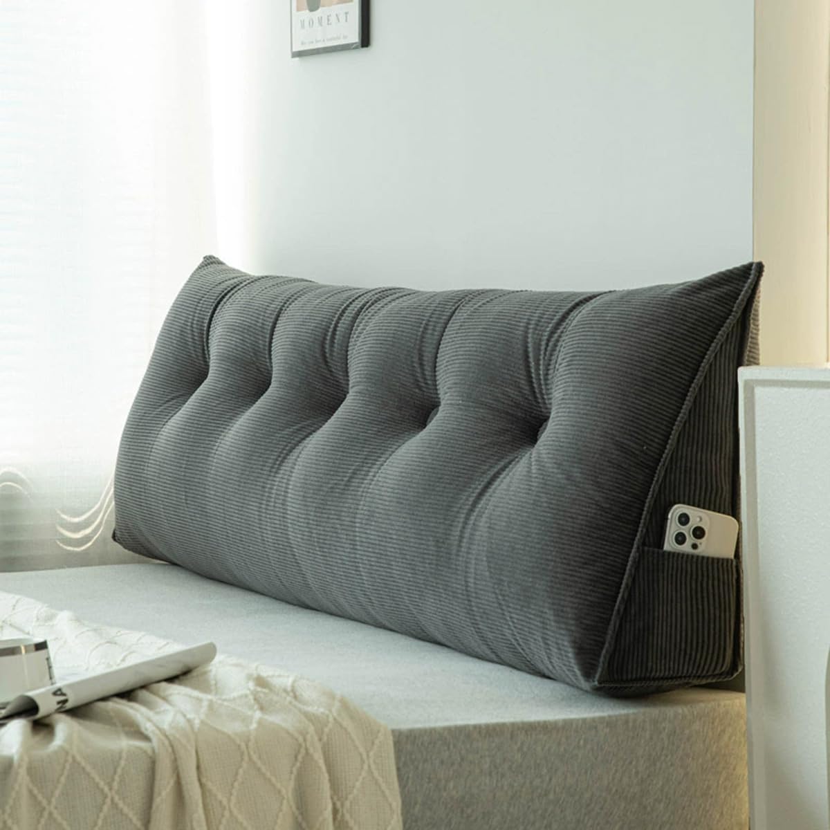 Almohada de lectura para cama y sofá con funda lavable color negro de 120x50x20 cm