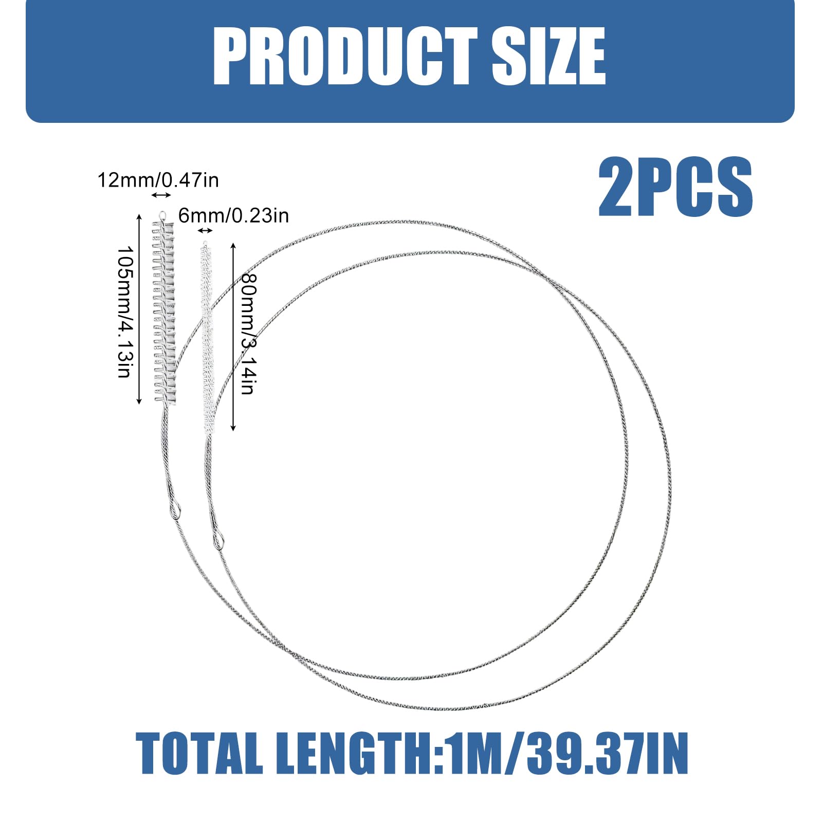 2 cepillos de manguera de 100 cm, juego de cepillos de limpieza para desagüe y paja de frigorífico, flexible y sin arañazos, acero inoxidable, largo, 0,6/1,2 cm para evitar obstrucciones