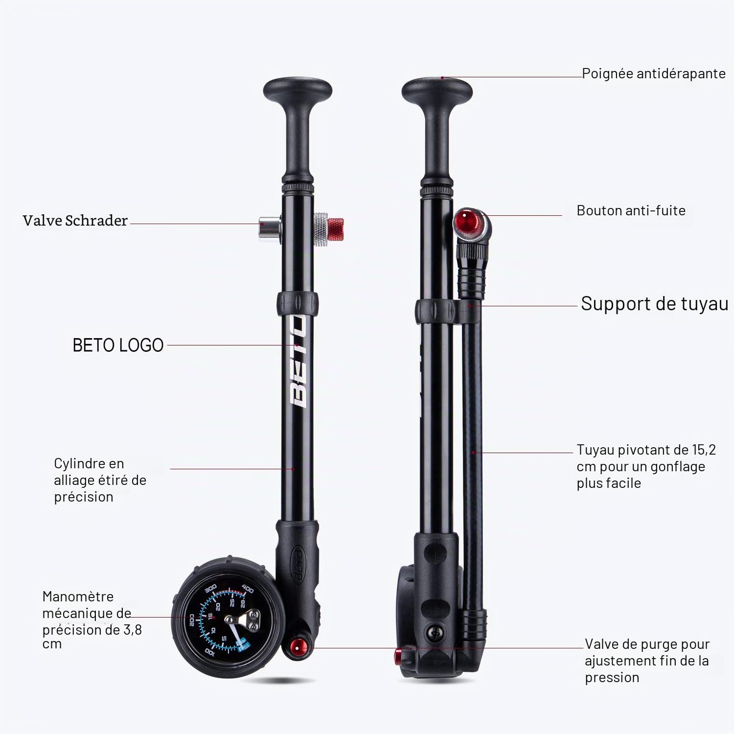 BETO Pompe à Chocs Haute Pression 400 PSI Max VTT pour Fourche et Suspension arrière Valve Schrader