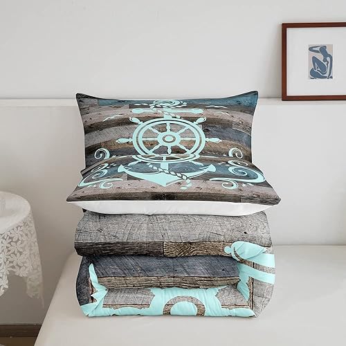 Miniatura 5 de Juego de edredón de ancla náutica, tamaño King, edredón acolchado con ancla del océano, juego de ropa de cama retro con brújula para niños,
