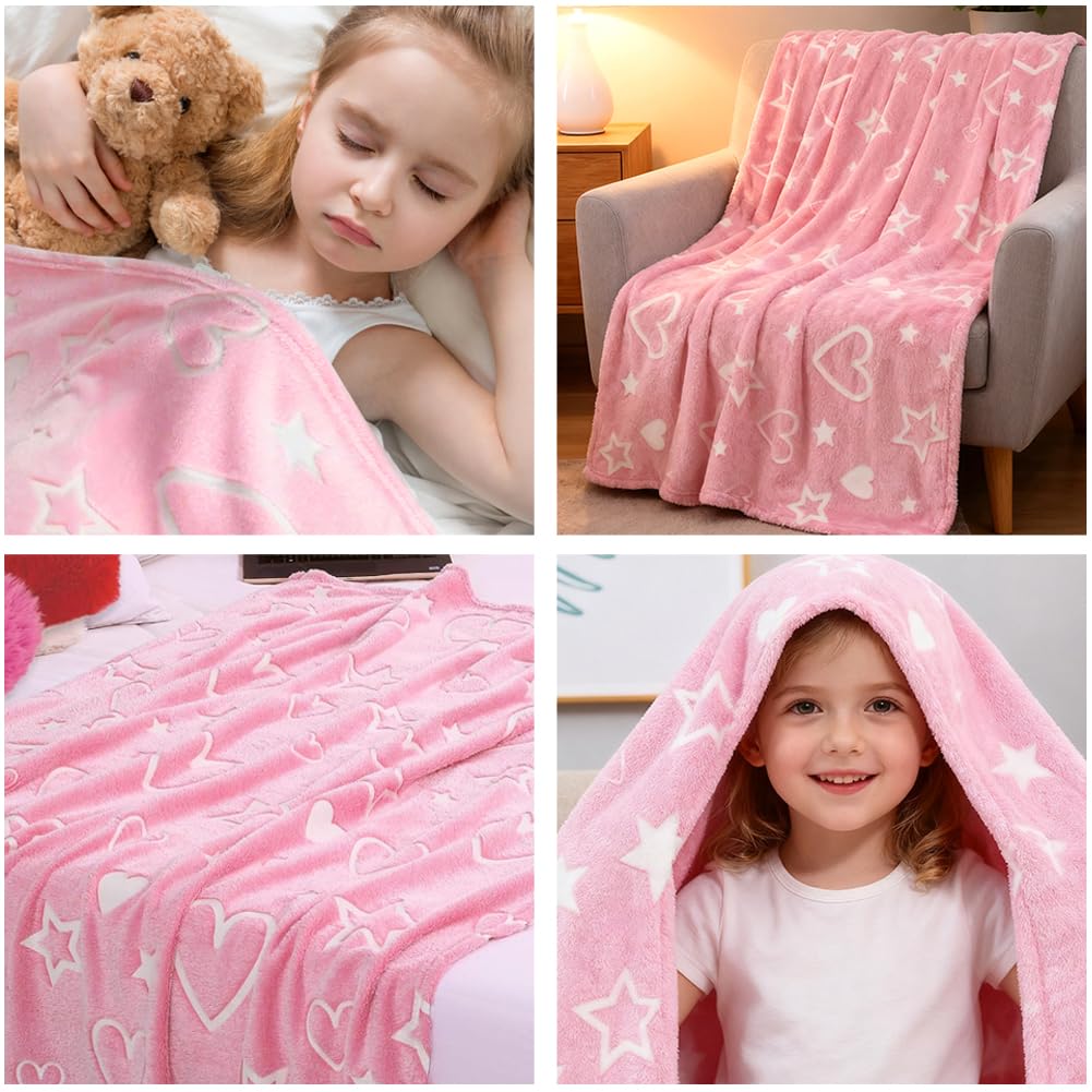 Coperta pile luminosa bambini - 150 x 130 cm coperta che si illumina al buio, coperte regali per Natale, compleanno, Pasqua(cuori rosa)