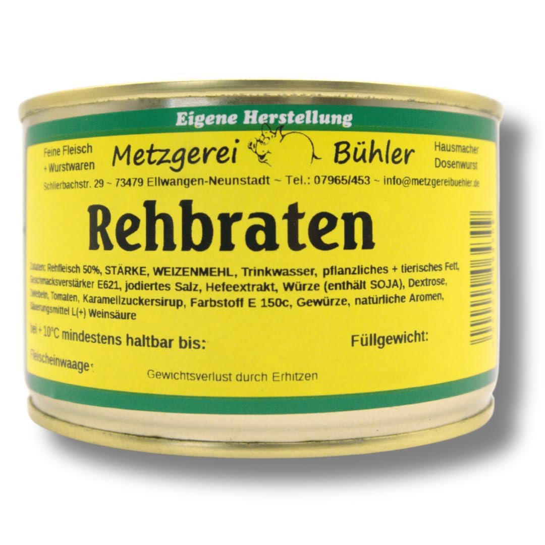 Rehbraten Fertiggericht in der Dose 800g Wildbraten aus edlem Wildfleisch lange haltbar ideal als Notnahrung Rehfleisch aus Deutschland Wildgericht Dosengerichte Metzgerei Bühler (400g, 400, gramm)