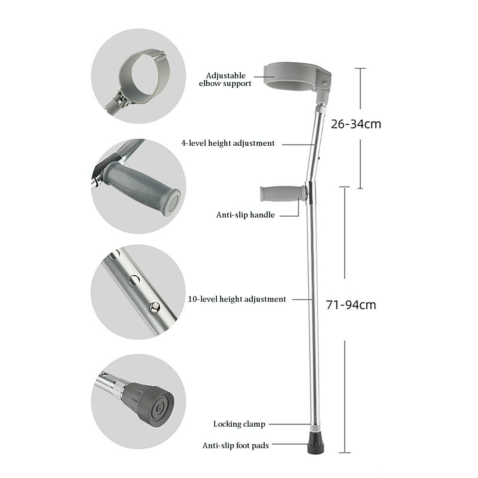 Muletas ajustables para antebrazo, aleación de aluminio, ayuda para caminar con diseño ergonómico, rango de altura de 71-94 cm, asas antideslizantes y almohadillas para los pies, ajuste de 10 niveles