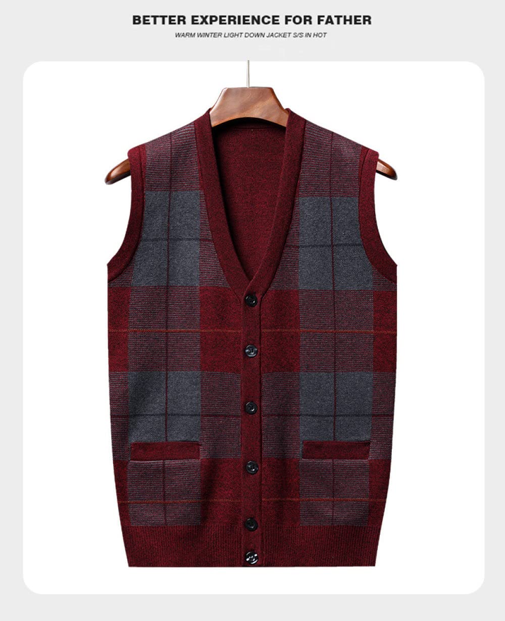 Mouwloze Tank Vesten,Heren Gebreide Trui Vest Casual Bordeaux Rood Geruit Jacquard V-Hals Herfst Warm Mouwloos Knopen Vest Vest Klassiek Zakelijk Breiwerk Gilet Gebreide Tank Tops,M