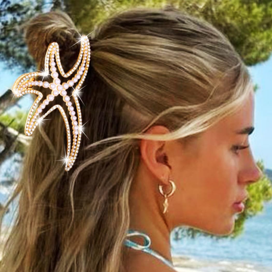 Zoestar Starfish Hair Claw Clips Pearl Hair Clip Claw Gold Metal Hair Clips Rhinestone Hair Accessories for Women and Girls (Pack of 2) - Image 3