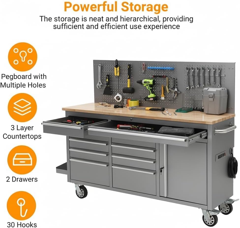 Image of 61-Inch Rolling Tool Chest, Workbench with 10 Drawers, Solid Rubber Wood Top,1675 LBS Load, Locking Storage Cabinet, Heavy-Duty Steel Frame with Wheels and Power Strip, Silver