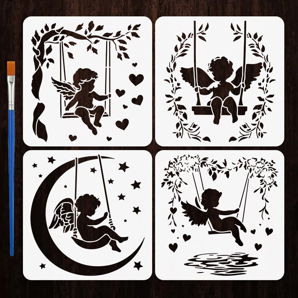 FINGERINSPIRE 4PCS Little Angel Pattern Painting Stencils with Paint Brush 15x15cm Swing Art Silhouette Template Moon Star Heart Leaf Stencil DIY Fantasy Theme Template for Furniture Decoration