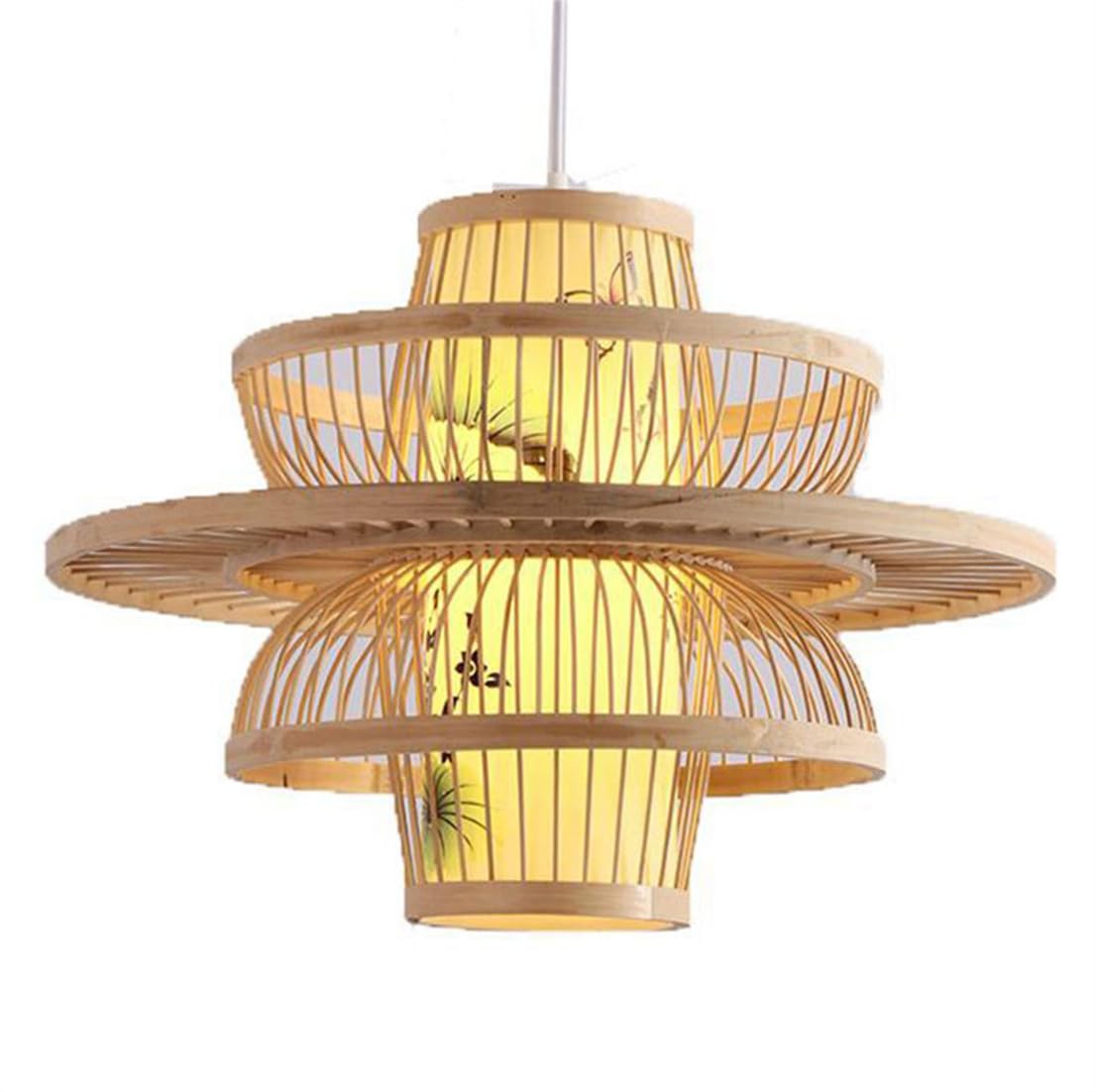 CSSYKV with Wood Canopy Pendant Light Bamboo Cage Lantern Lamp Shade Handmade Light Fixtures Patterned Faux Parchment Shade for Bedroom Living Room Hallway Kitchen Entryway 1-Pack