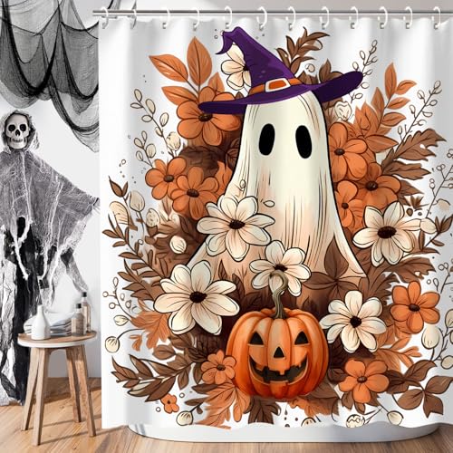 ZORKET Halloween Shower Curtain Spooky Ghost Shower Curtain with 12 Hooks Floral Halloween Shower Curtains for Bathroom Decor 72x72 Inch