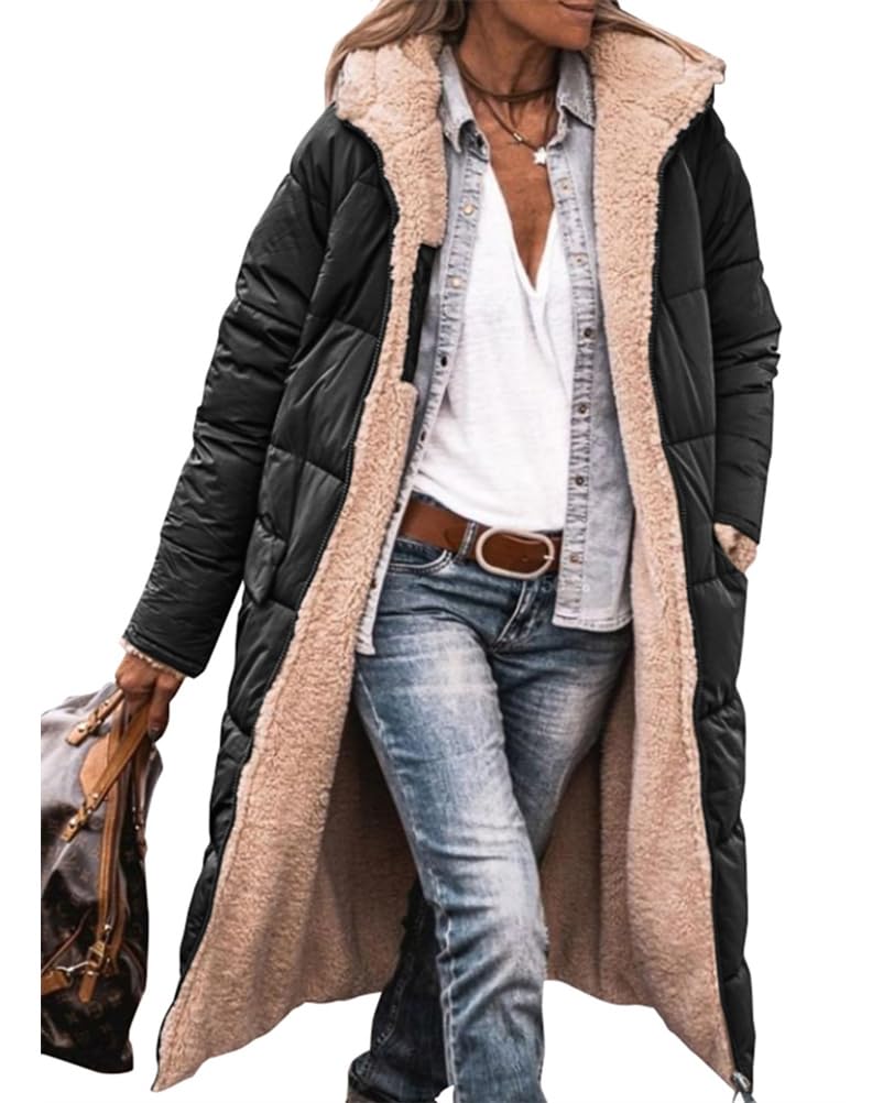 ORANDESIGNE Femme Chauds Manteaux d'hiver Réversible Sherpa Polaire Longues Vestes Bouffantes à Capuche Vêtements D'extérieur