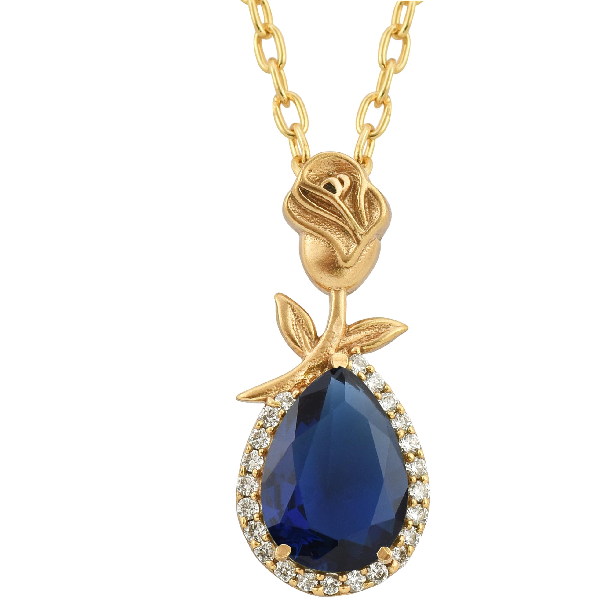 DINJEWEL Beautiful Art Deco Rose Flower Floral Unique Gold Plated Women Jewelry Necklace With Chain & Gift For Her(Pear Shape 10x14MM)