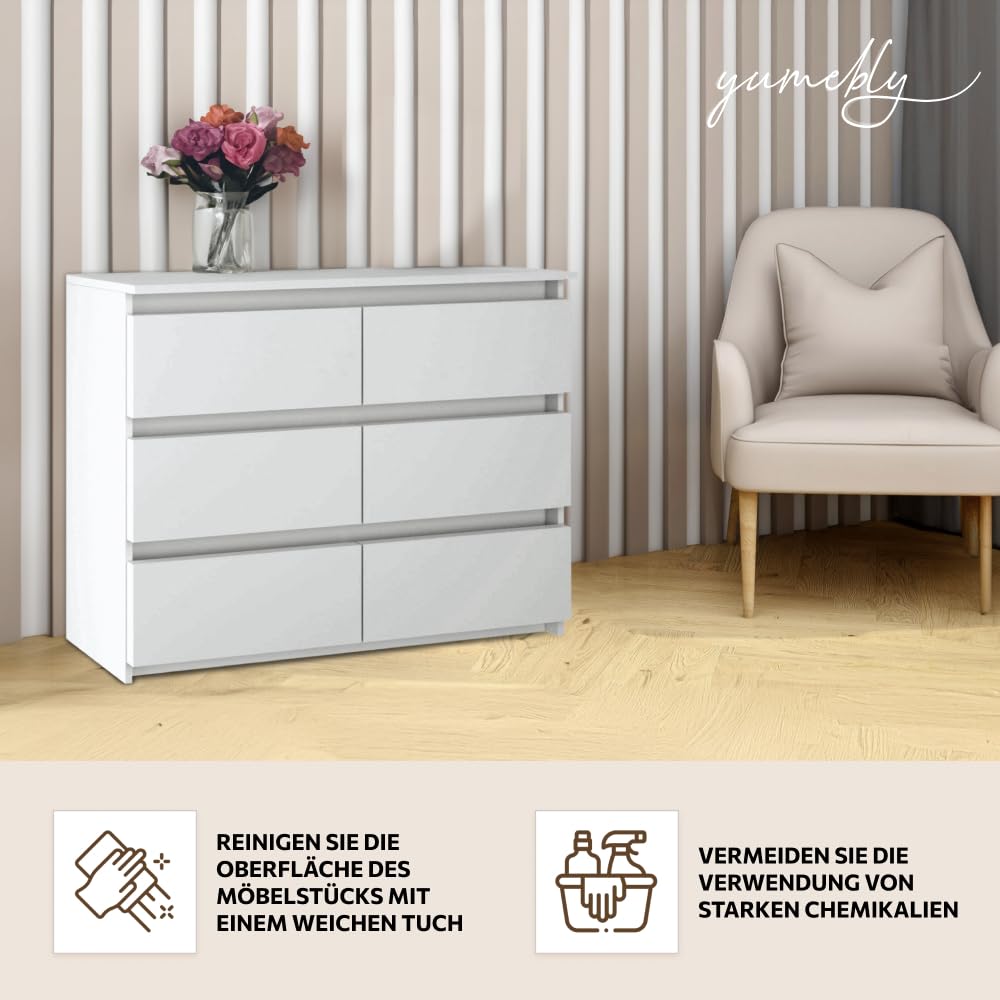 Kommode mit 6 Schubladen Weiß | 100x33x71 cm| Große geräumige Schubladenschrank | Ideal für Schlafzimmer, Wohnzimmer, Kinderzimmer und Büro