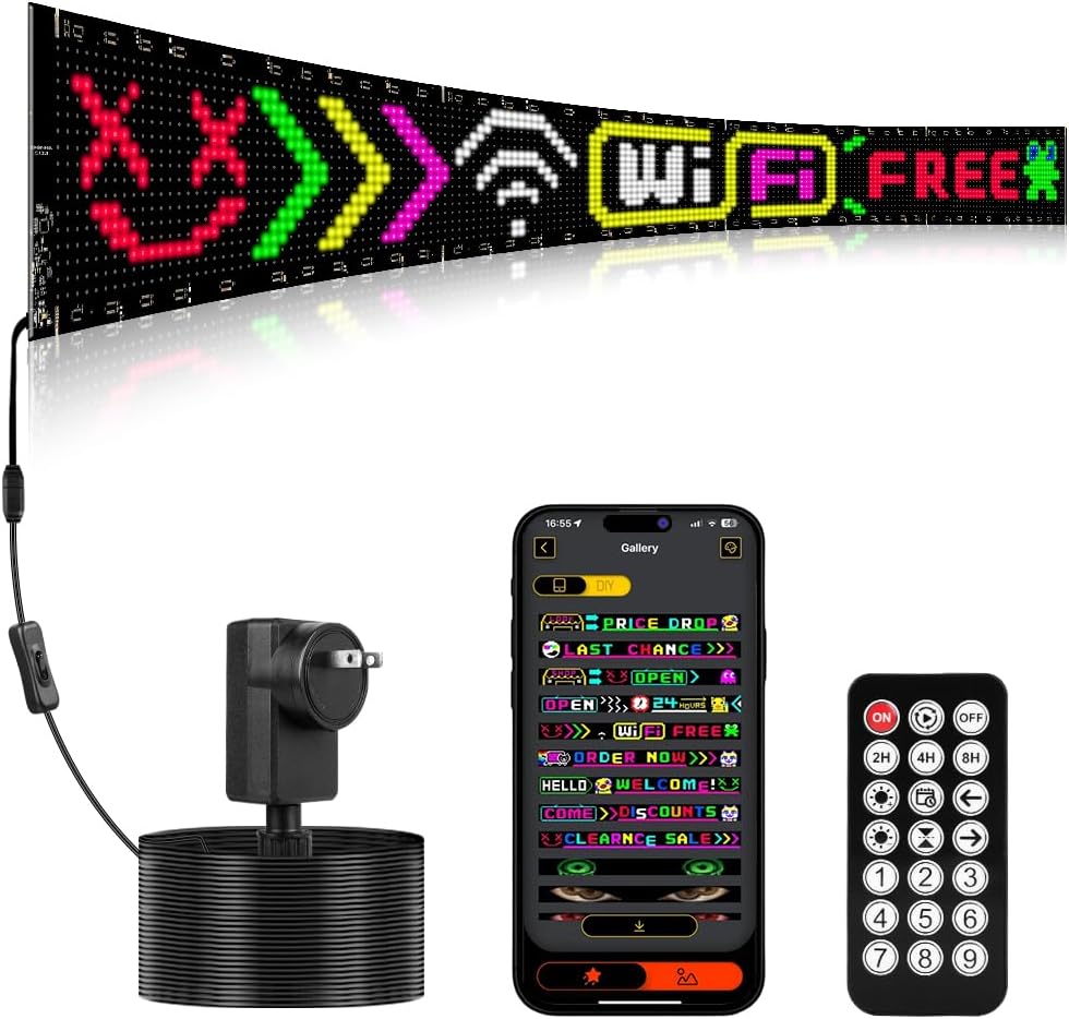 Large Programmable LED Sign, 52"x7.5" Flexible 110V Scrolling Display, Customizable Text, Patterns & Animations, Multi-task Loop Playback for Store, School, Hotel, and Event Sign