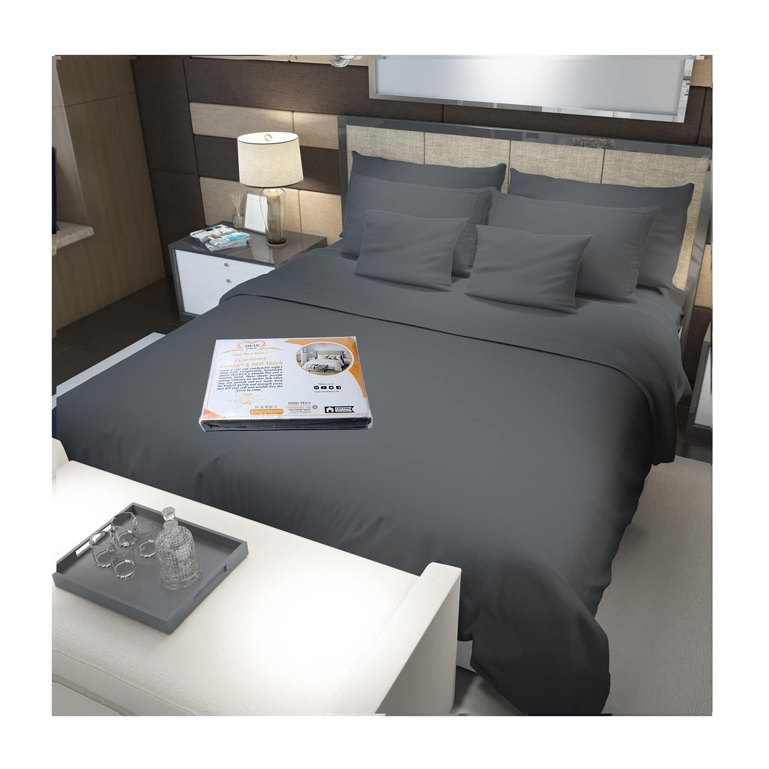 100% Cotton Fitted Sheet 400 Thread count Includes 1 Fitted bed Sheet 180x200 cm With 2 Pillowcases 100% Natural Long Staple Cotton Sateen Weave fits up to 40cm (Dark Gray, King)