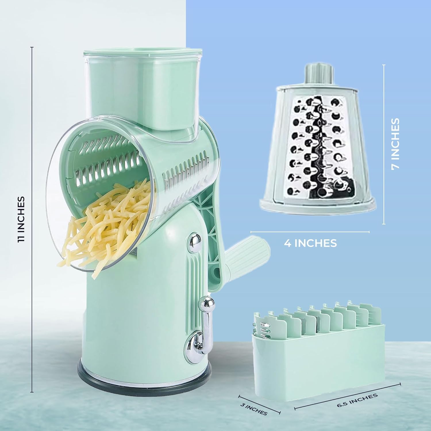 Rallador de queso giratorio 5 en 1, rallador de queso de mano de alta calidad con asa, picador de alimentos para cocina, verde claro 5