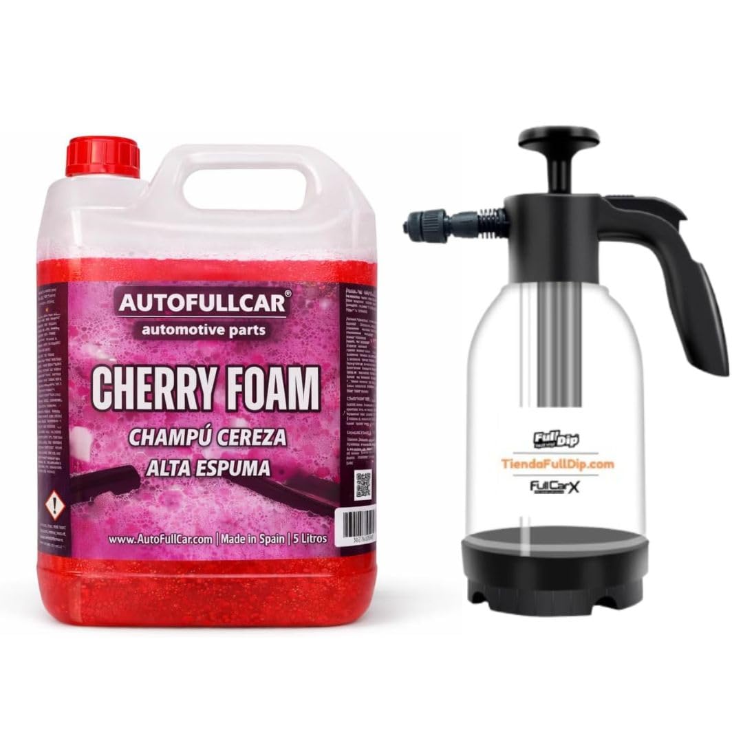 AutoFullCar Kit Cherry Foam 5 Litros + Foamer 2 Litros, Champu Espuma Activa Coche Rosa, Limpiador Alcalino Alta Concentracion, Lavado Carroceria, Encapsula Suciedad