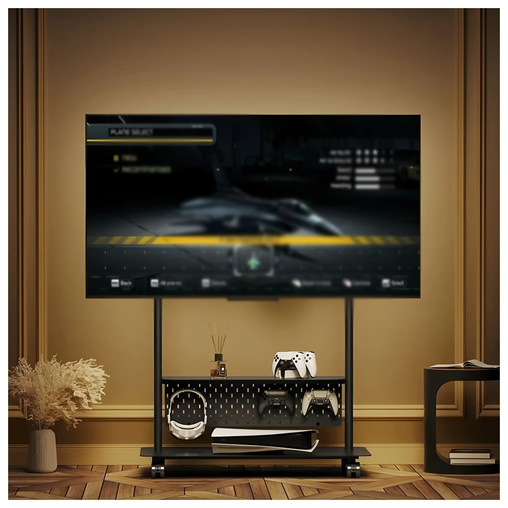 JKJZSALJ Mobile Tv Stand With Wheels, Rolling Tv Cart With 2-Tier Storage Shelves,Height Adjustable Portable Tv Stand For 50-75 Inch Tvs, For Living Room, Bedroom,Black,82x47x129.3 cm