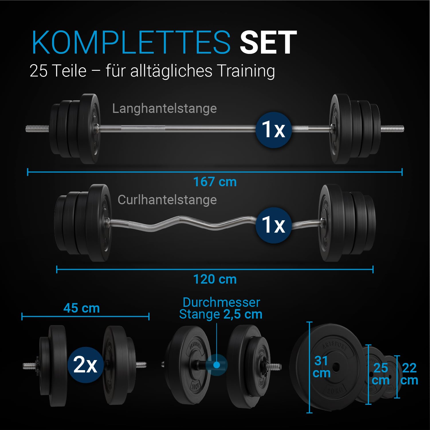 ArtSport® 3in1 Hantelset mit 2 Kurzhanteln, 1 Langhantel & 1 SZ Curlhantel - 12 Gewichte mit 60kg und Sternverschlüssen - Hantel Set Krafttraining