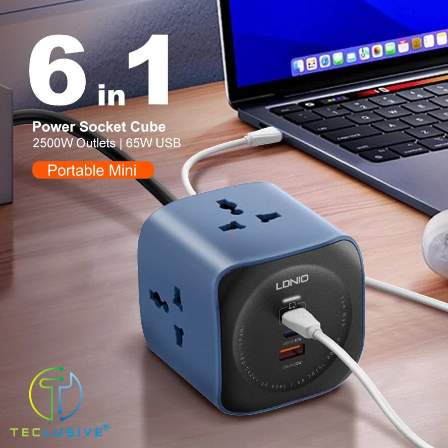 Image of T Teclusive 2500W Cube Extension Board Power Strip with USB C Ports | 3 Power Sockets with 65W Gan Type C USB QC PD Super Fast Charging | Multi Port Extension | 2M Power Cord