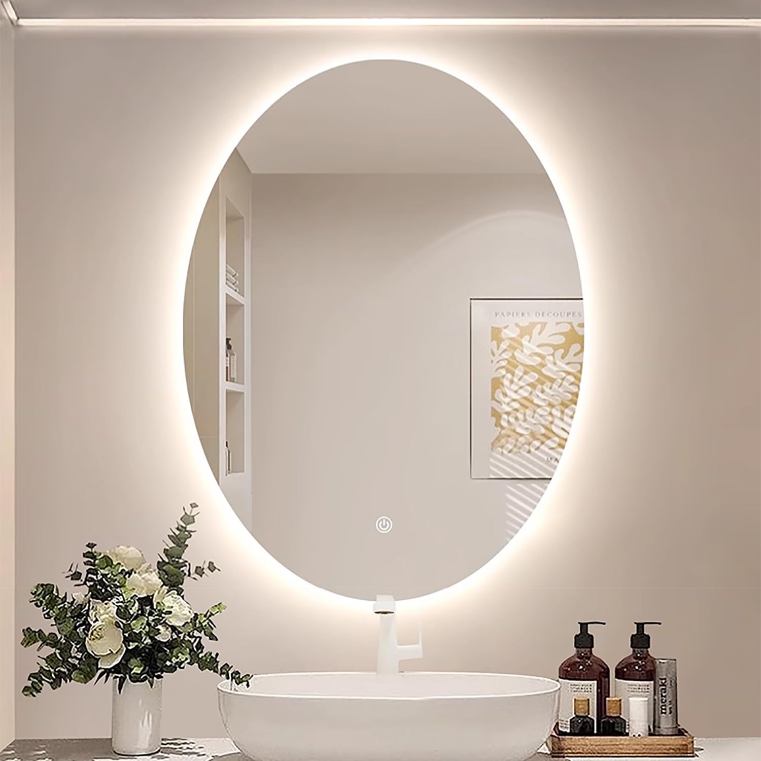 BKSXSOP 90cm LED Backlit Oval Bathroom Mirror, Dimmerable Anti-Fog Makeup Modern Decorative Lighted Mirror (75x100cm) - Perfect for Stylish Bathrooms